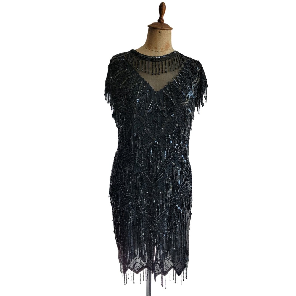 Vintage Lawrence Kazar Art Deco style beaded LBD Cocktail Dress XL